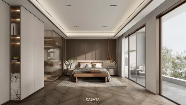 Phòng ngủ hiện đại có giường trung tâm, tủ âm tường và cửa kính mở ra ban công