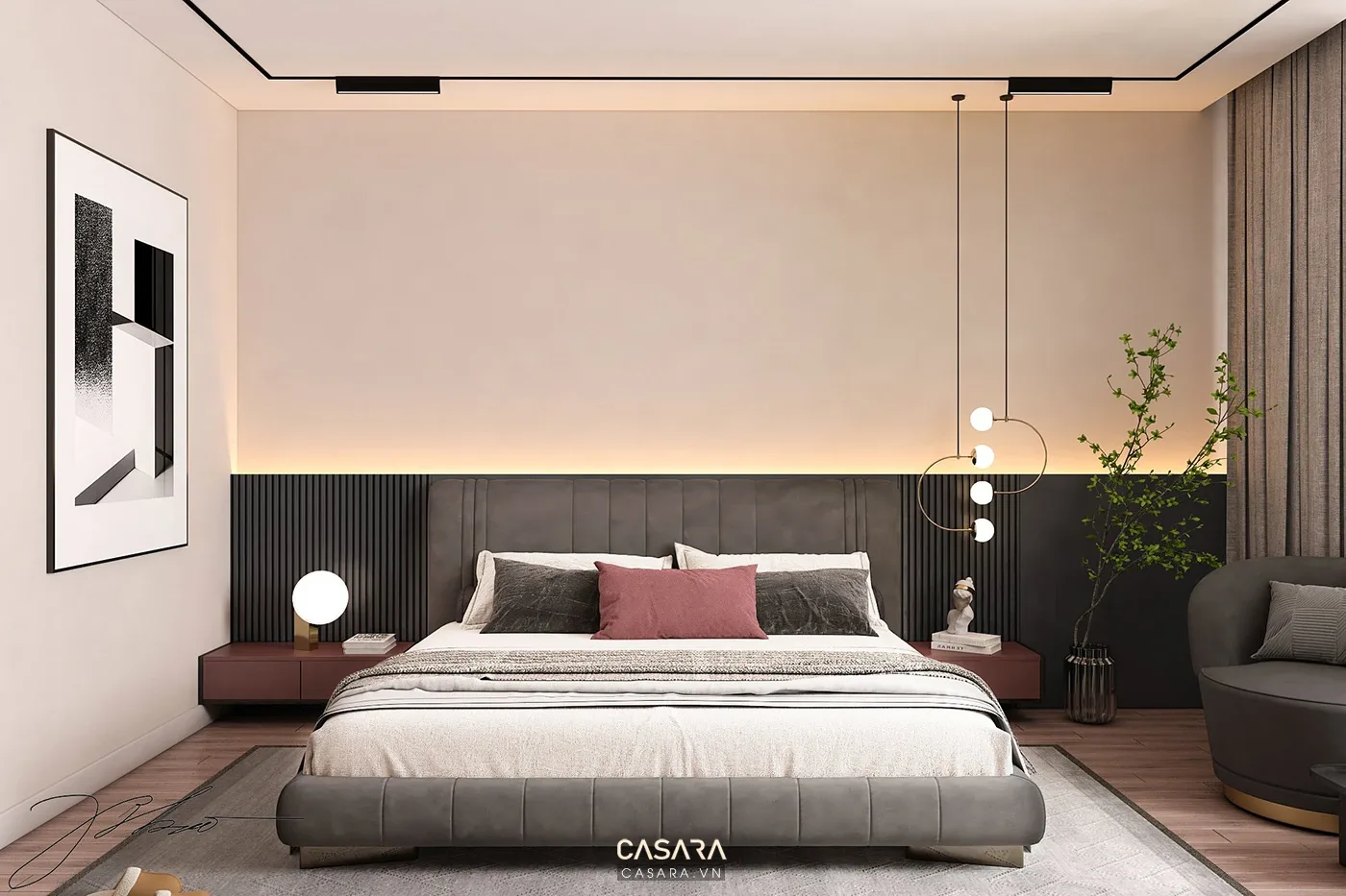 Căn hộ 50m2 2 phòng ngủ hiện đại với ánh sáng ấm và vật liệu gỗ sáng