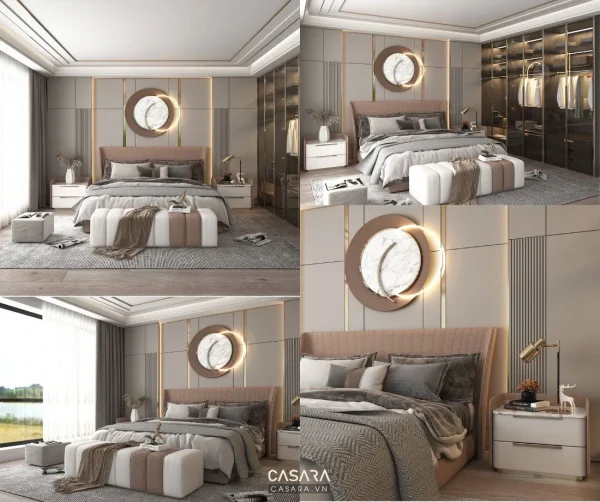 Phòng ngủ hiện đại có giường bọc nệm, tủ quần áo cửa kính và vách đầu giường trang trí