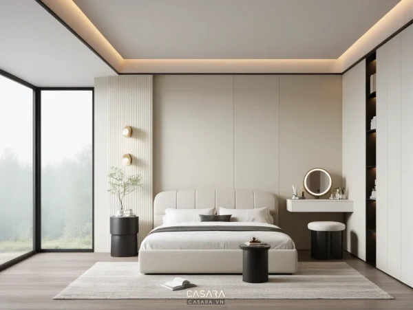 Phòng ngủ hiện đại có giường bọc nệm, bàn trang điểm nhỏ và hệ tủ âm tường sáng màu