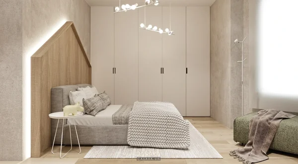 Phòng ngủ hiện đại có giường bọc vải, đầu giường gỗ hình mái nhà và tủ âm tường màu sáng