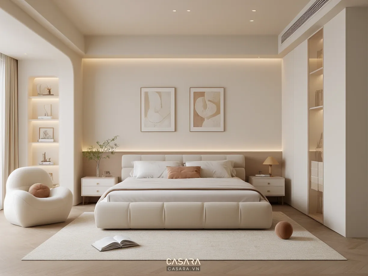 phòng ngủ chung cư nhỏ tông sáng ấm với giường thấp và rèm vải