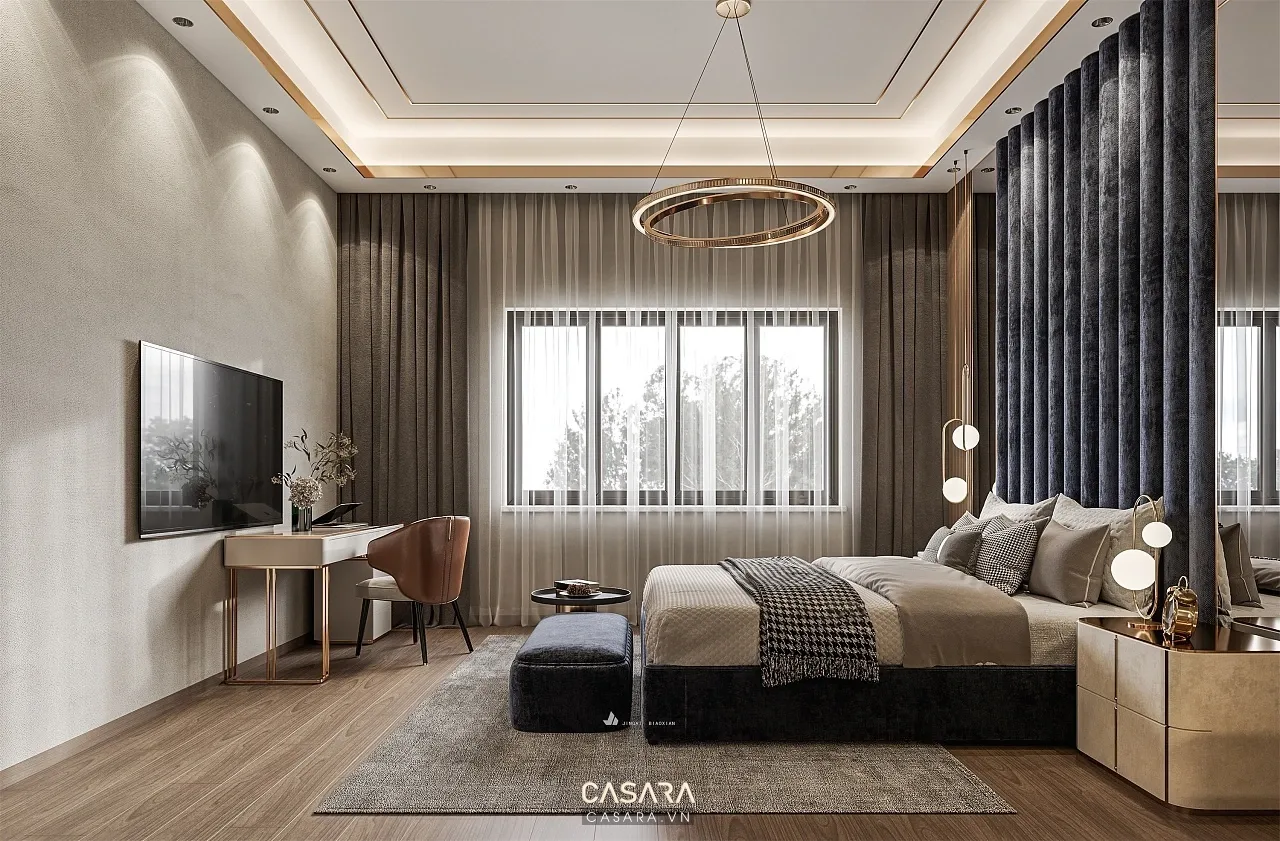 Thiết kế nội thất phòng ngủ chung cư với giường bọc nệm và tủ áo cánh lùa