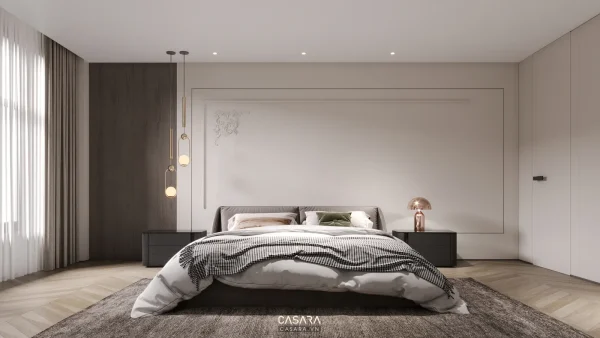 Phòng ngủ hiện đại với giường lớn, tủ âm tường và rèm cửa sáng