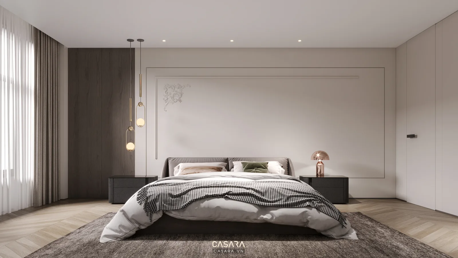 Phòng ngủ hiện đại với giường lớn, hệ tủ âm tường và lối đi thoáng