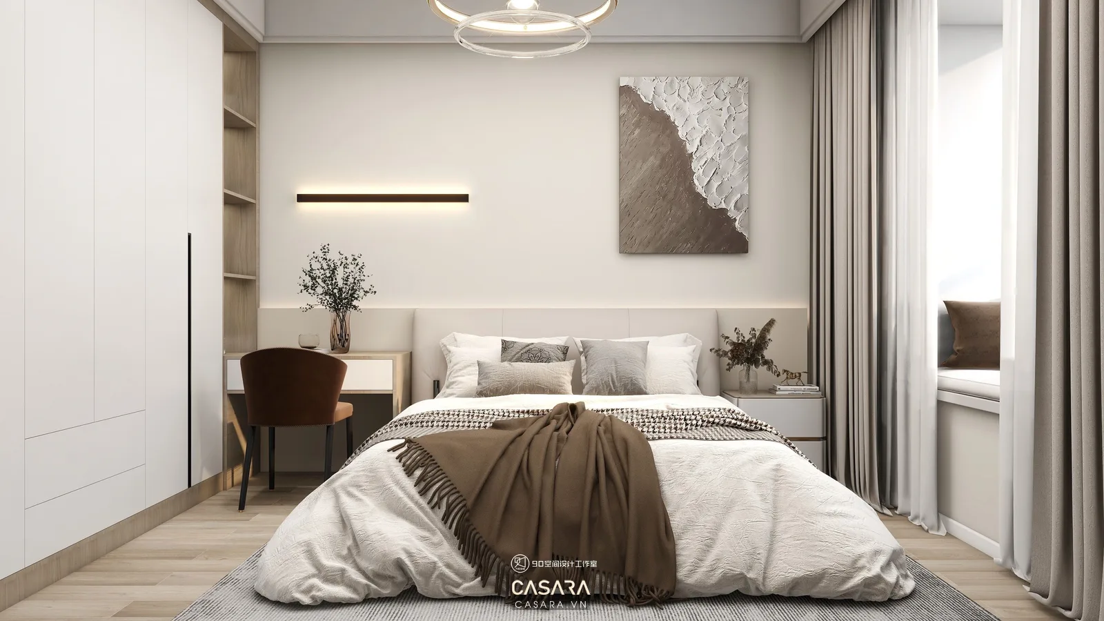 Phòng ngủ hiện đại có giường bọc nệm tủ áo âm tường và bàn trang điểm trong thiết kế nội thất căn hộ