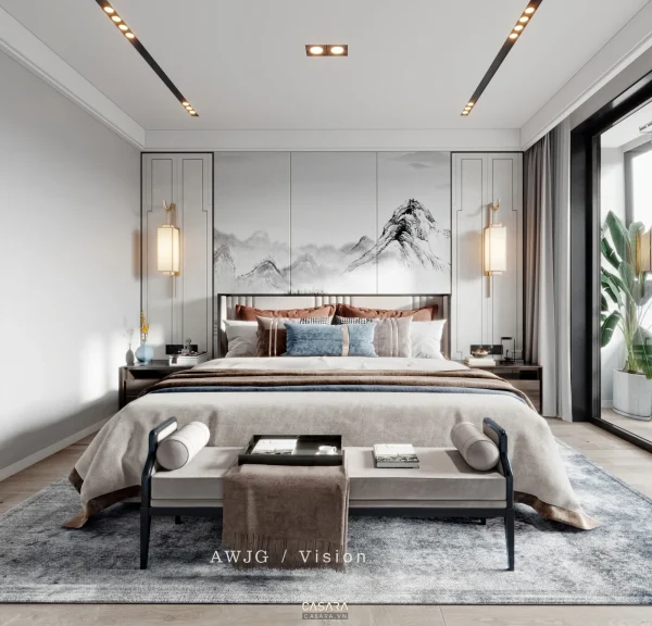 Phòng ngủ hiện đại có giường lớn, vách đầu giường họa tiết núi và cửa kính bên hông
