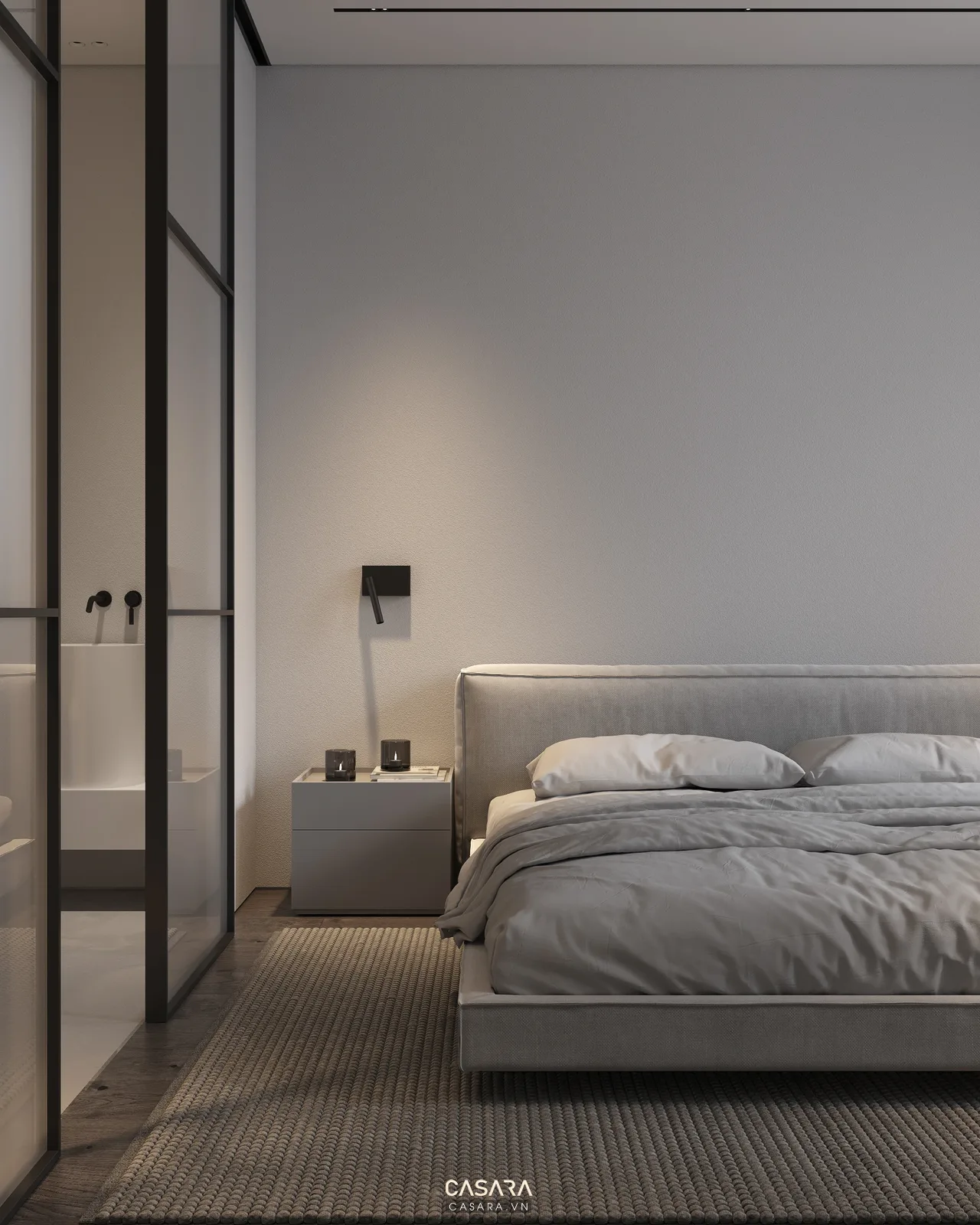 Phối cảnh 3D phòng ngủ với giường tủ áo và bàn trang điểm trong dự án thiết kế nội thất