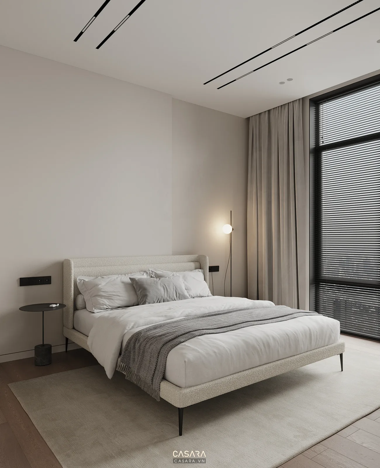Phòng ngủ thiết kế nội thất phong cách bắc âu với giường gỗ sáng đầu giường bọc vải tủ áo cánh phẳng và đèn ngủ ấm