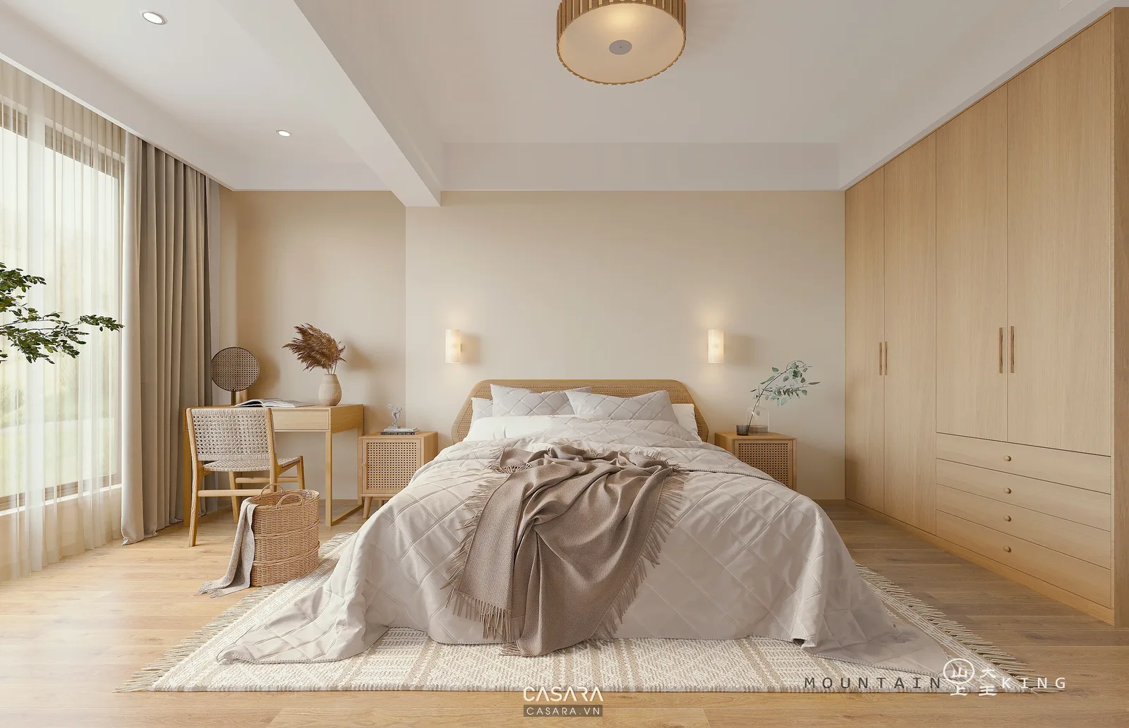 phòng ngủ nội thất chung cư 60m2 giường tủ áo rèm sáng