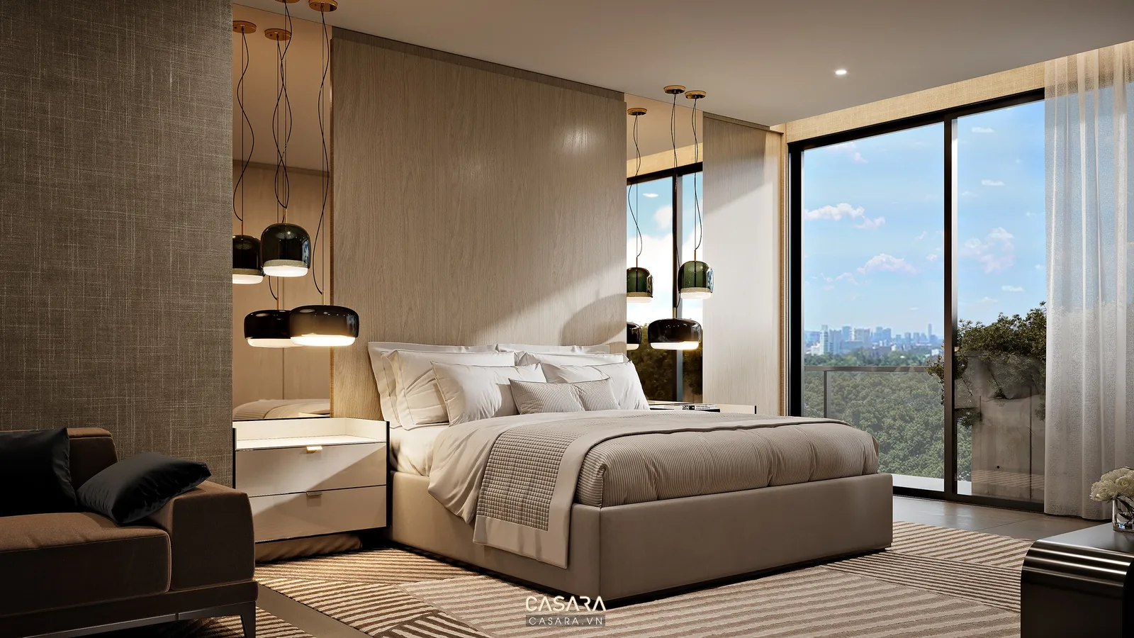 Phòng ngủ master thiết kế nội thất đẹp với giường lớn và tủ kính quần áo