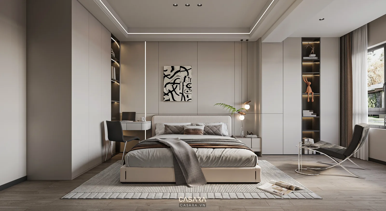Phòng ngủ hiện đại ấm với giường bọc nệm và vách gỗ