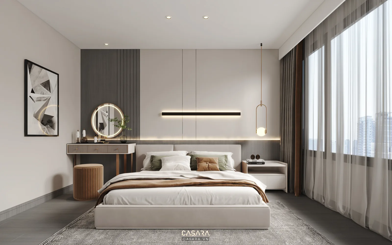 thiết kế phòng ngủ chung cư nhỏ với giường tủ áo âm tường và bàn trang điểm nhỏ
