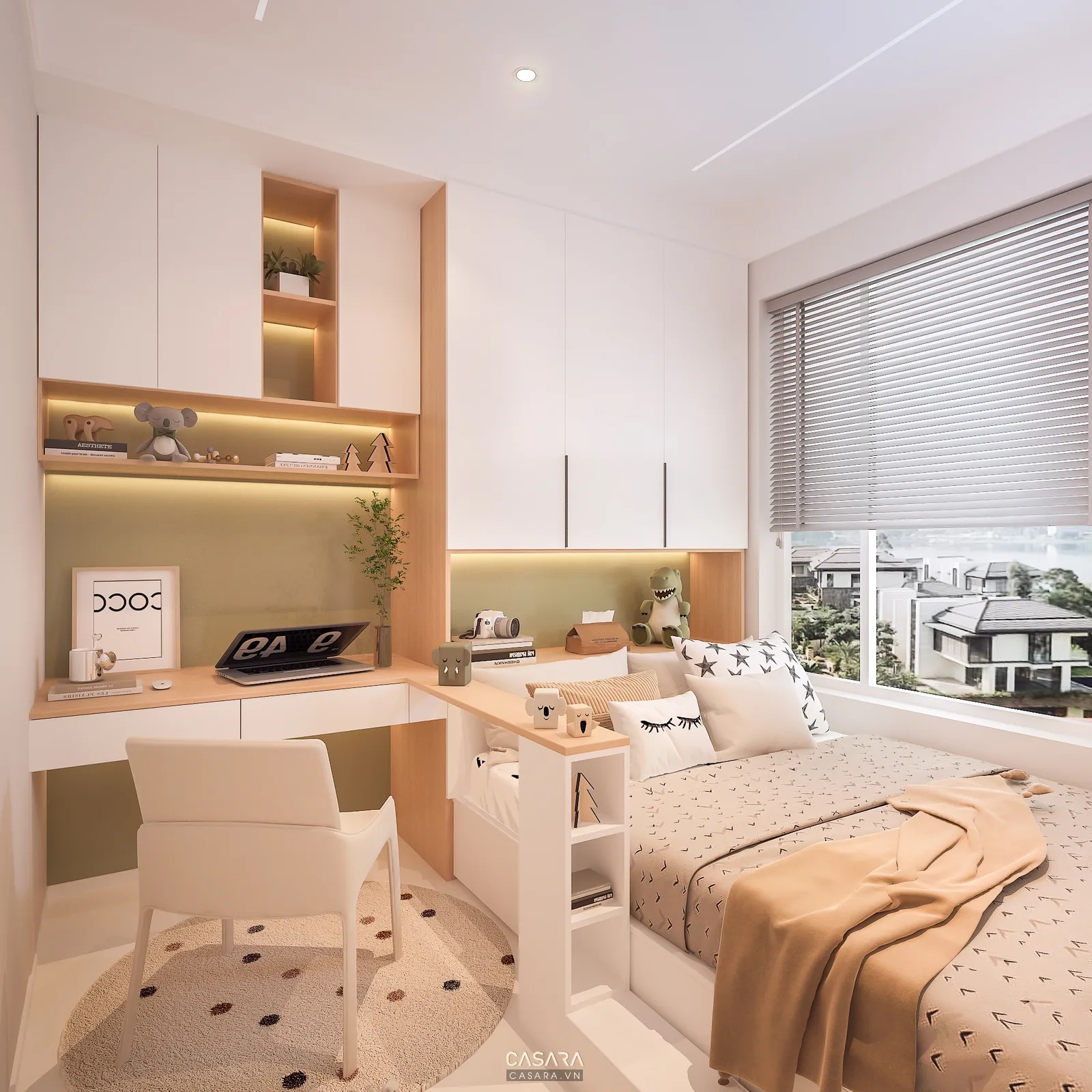 thiết kế phòng ngủ con gái với đèn bàn ổ cắm bàn học và đèn đầu giường