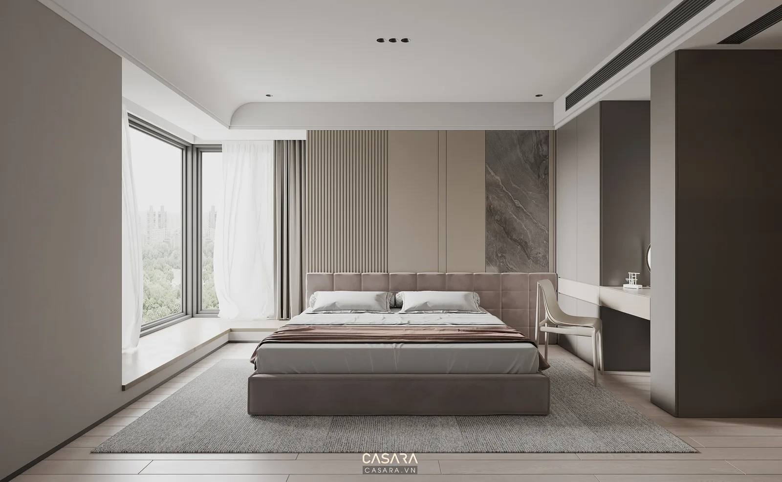 indochine nội thất phòng ngủ với tủ áo gỗ và bàn trang điểm nhỏ
