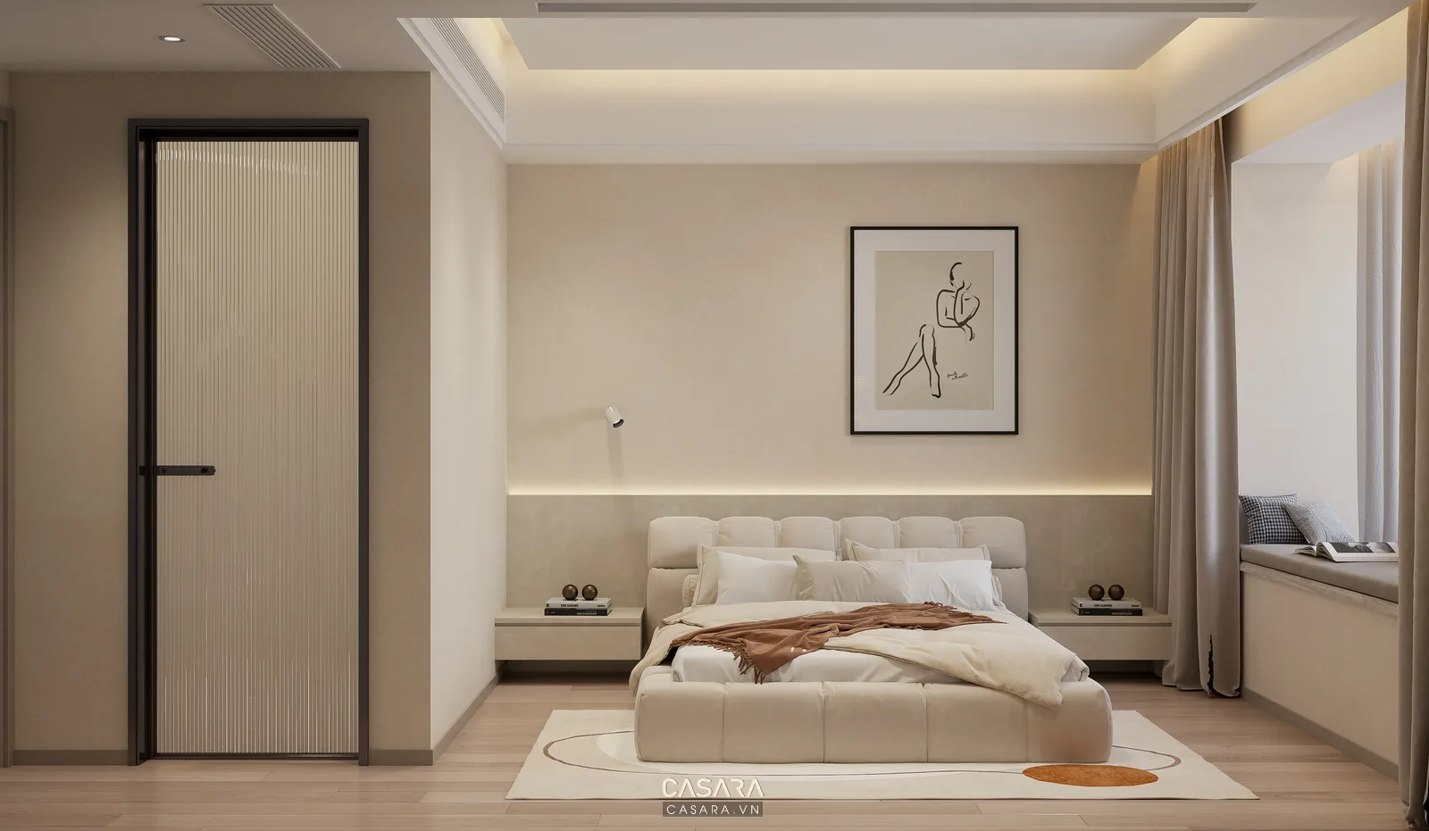 nhà đẹp chung cư có phòng ngủ hiện đại nối phong cách với phòng khách và hành lang