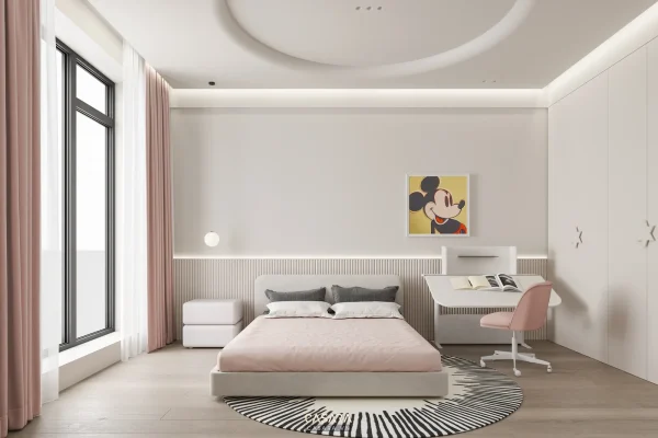 Phòng ngủ hiện đại với giường thấp, rèm hồng pastel và bàn học cạnh tủ âm tường