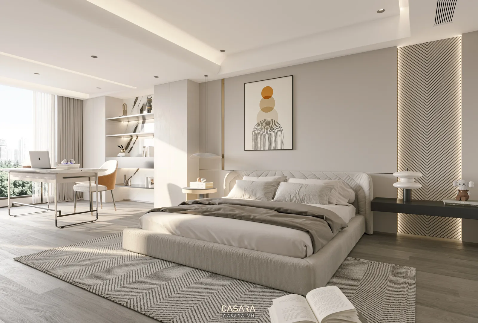 Phòng ngủ căn hộ hiện đại có giường gỗ tủ áo lớn bàn làm việc nhỏ và đèn đầu giường