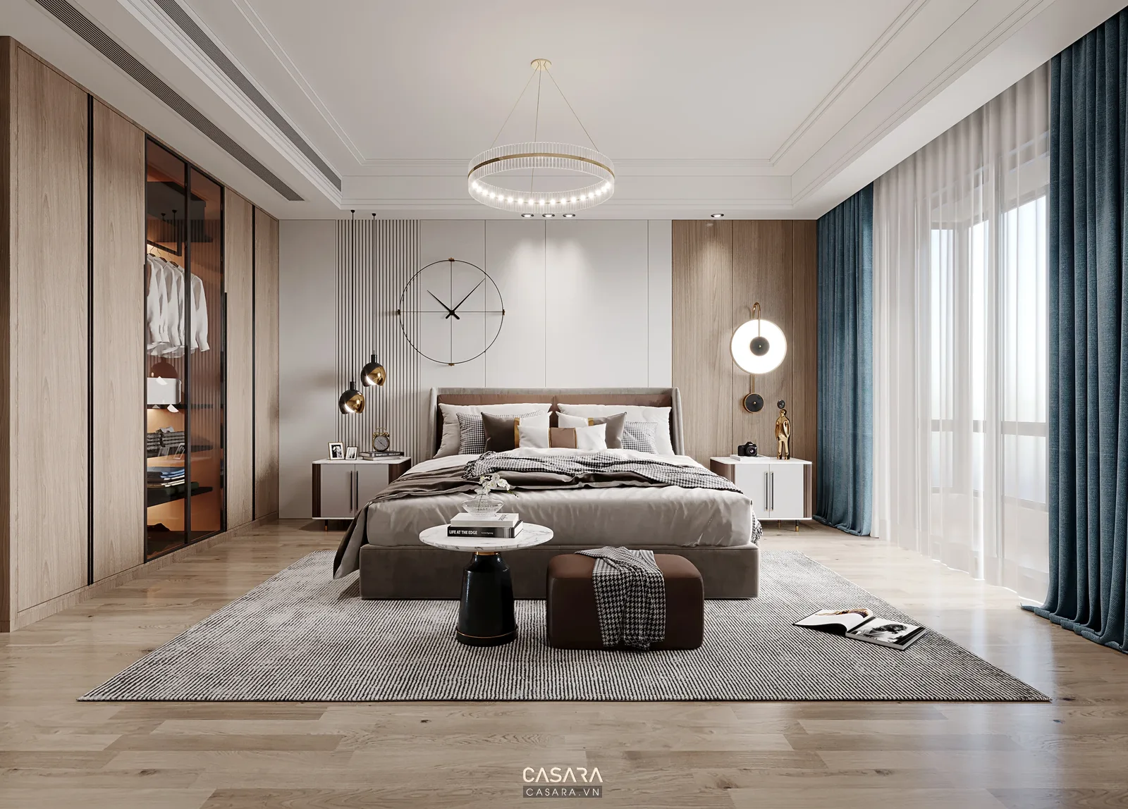 thiết kế nội thất cơ bản phòng ngủ căn hộ với giường đôi tủ áo kịch trần và rèm vải