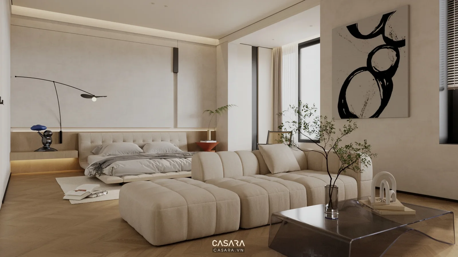 Phòng khách nhỏ hiện đại với sofa ghi sáng, kệ tivi gỗ treo tường, bàn trà mặt đá nhỏ, đèn thả và sàn gỗ