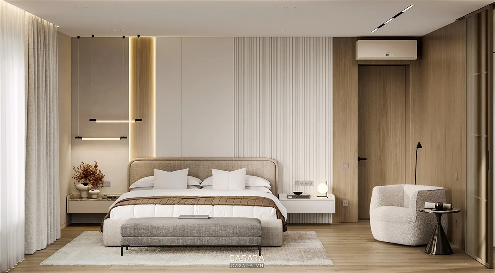 phòng ngủ chung cư hoàn thiện có giường tủ và ánh sáng thư giãn