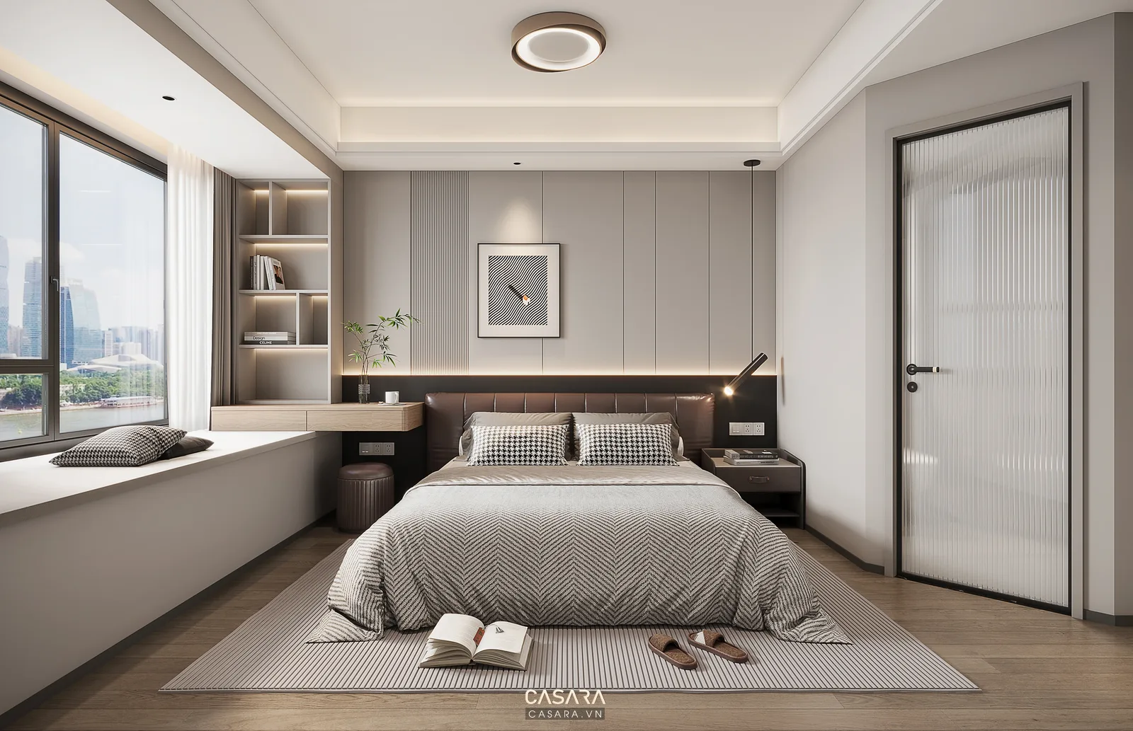 Phòng ngủ căn hộ hiện đại với giường bọc nệm và tủ áo âm tường