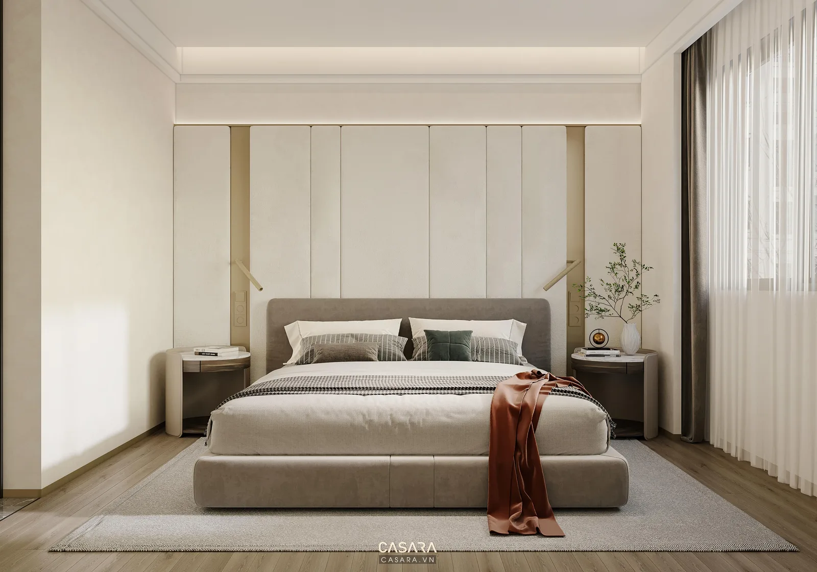 Phòng ngủ căn hộ Vinhomes Smart City với giường gỗ sáng và tủ âm tường