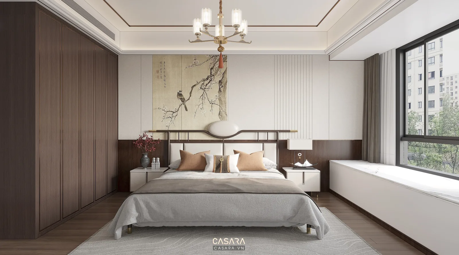 nhà phố nội thất phòng ngủ với giường, tủ áo kịch trần và bàn trang điểm nhỏ
