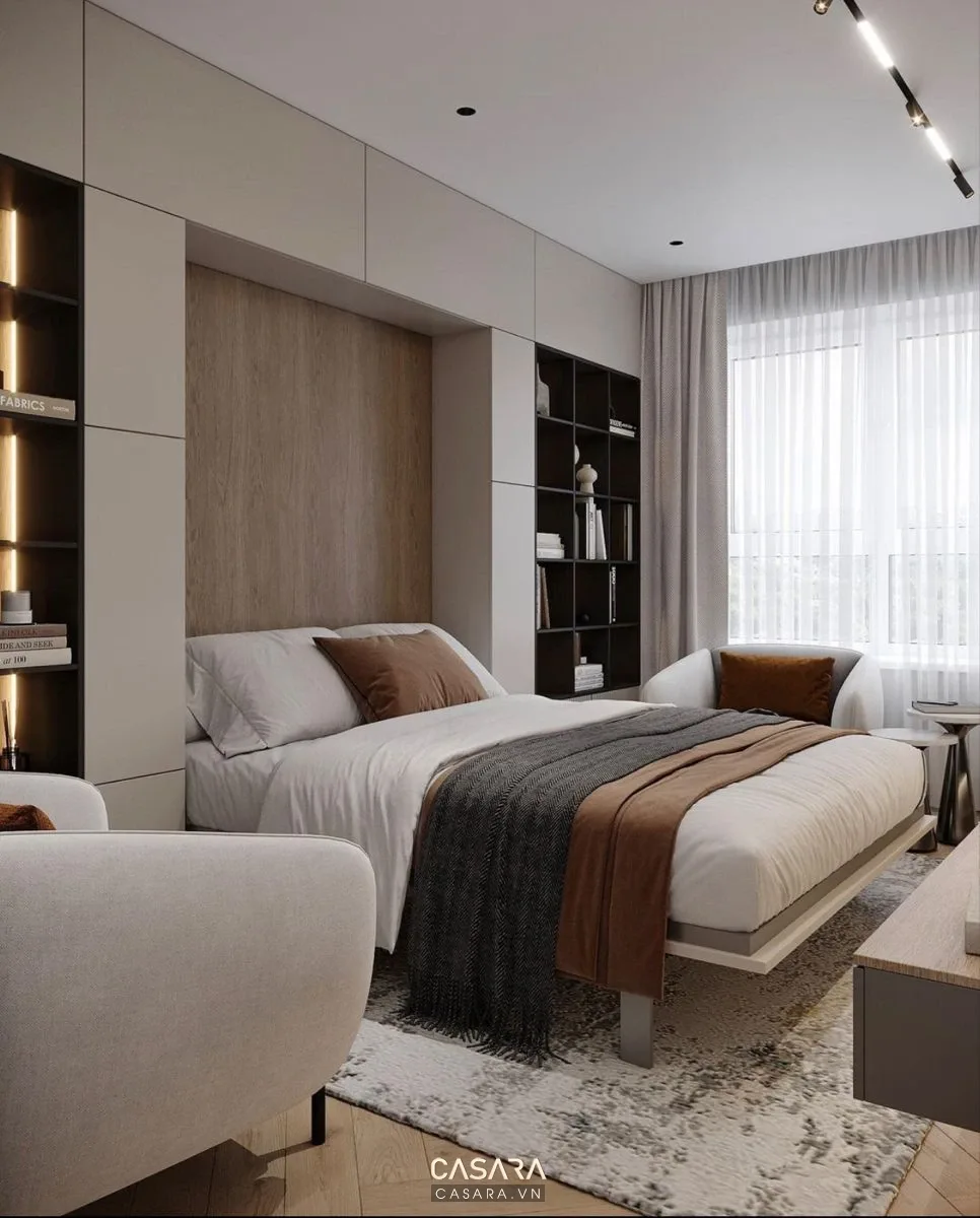 các mẫu thiết kế nội thất nhà chung cư phòng ngủ với giường bọc nệm và tủ áo âm tường