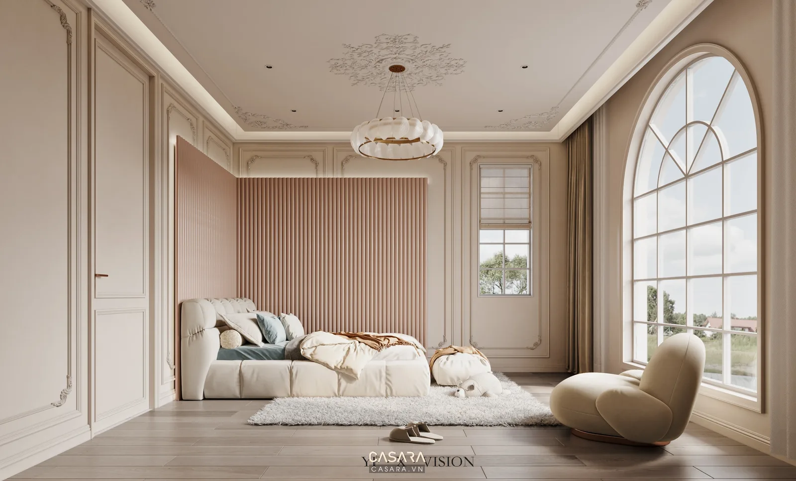 Phòng ngủ chung cư hiện đại với giường tủ áo và bàn trang điểm
