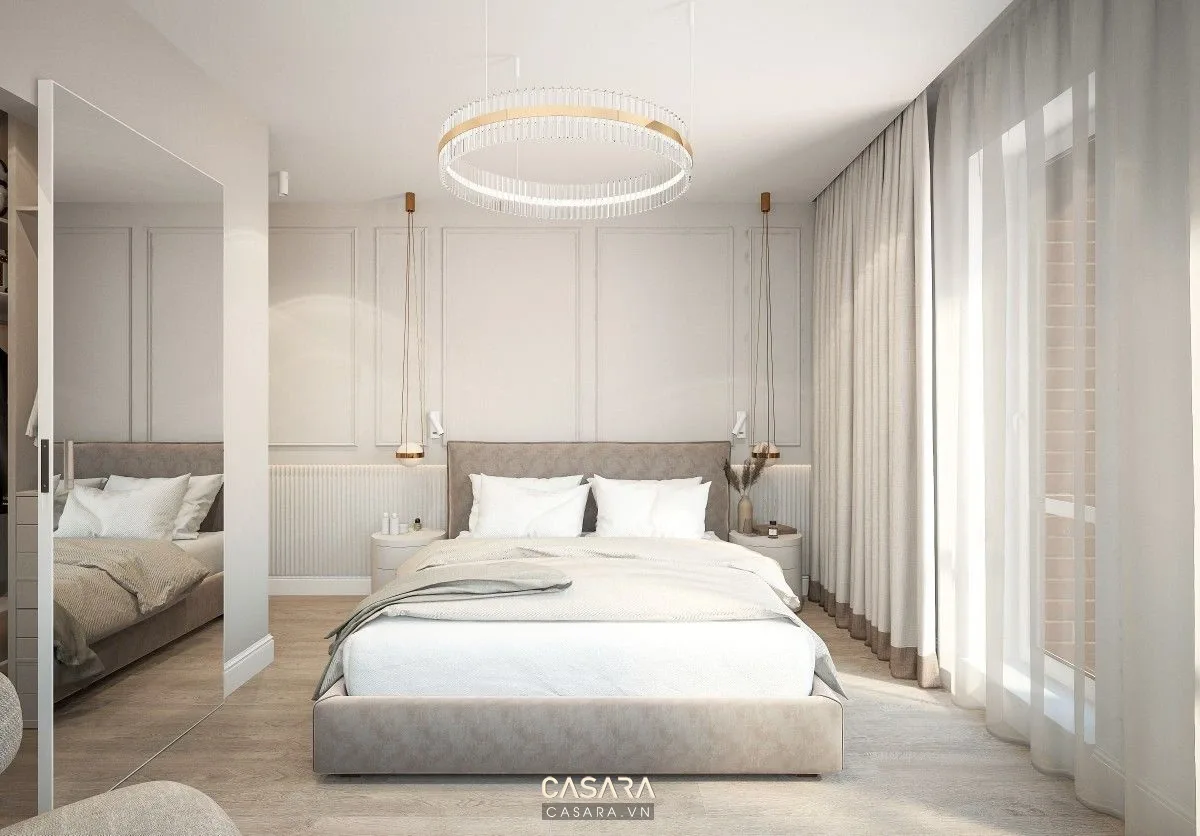 Phòng ngủ thiết kế nội thất bắc âu với giường gỗ sáng và chăn ga linen