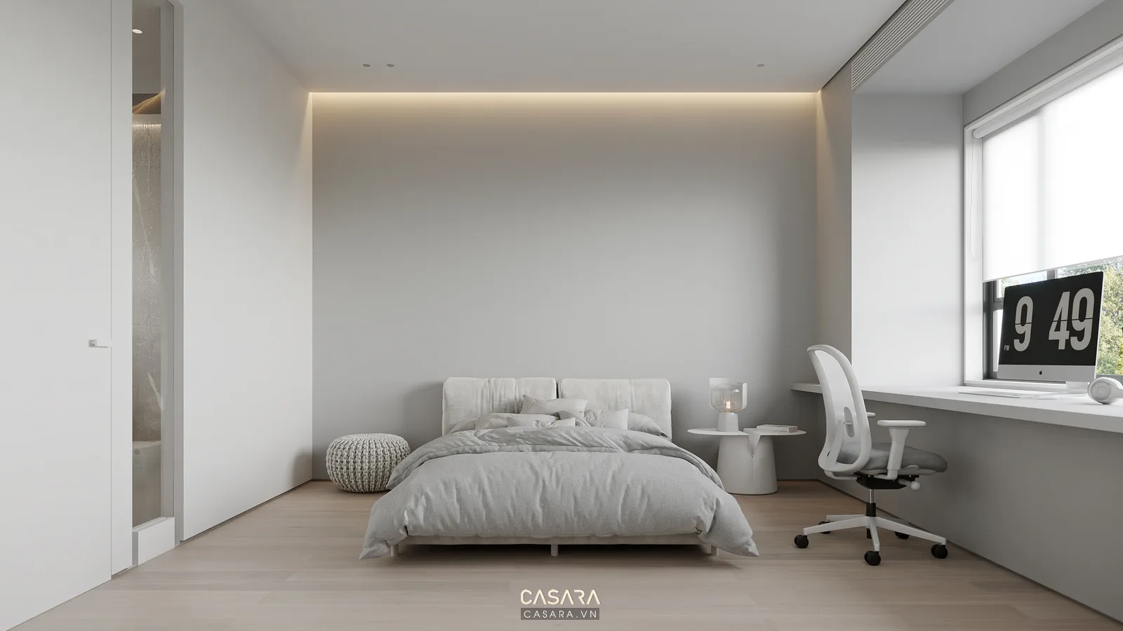Phòng ngủ phụ căn hộ 2 phòng ngủ 70m2 có giường đơn bàn học cạnh cửa sổ và kệ sách