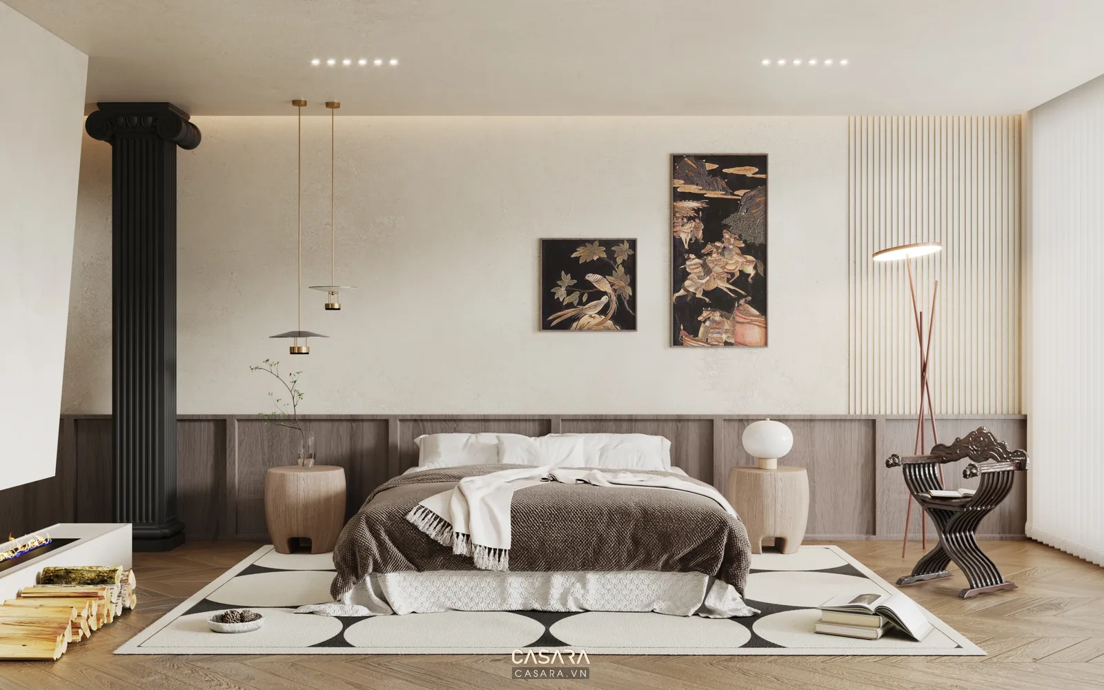 Phòng ngủ căn hộ mini decor với tranh đầu giường và đèn treo tường