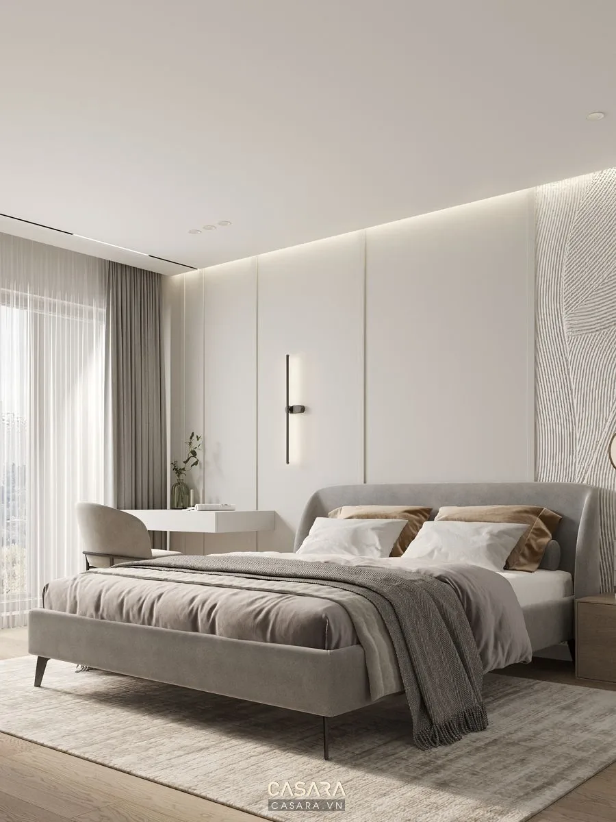 Thiết kế nội thất Đông Dương phòng ngủ căn hộ có giường gỗ tủ áo cao kịch trần và rèm hai lớp