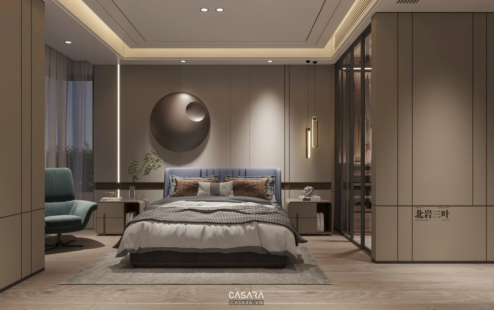 phòng ngủ trong thiết kế căn hộ chung cư 1 phòng ngủ với giường và tủ áo