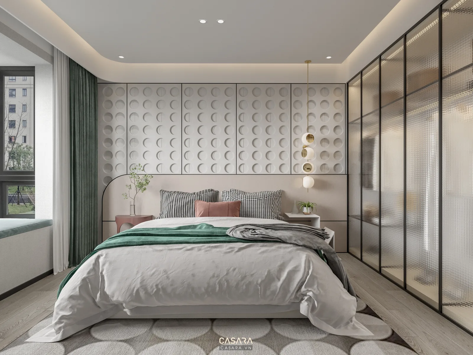 Căn hộ mini studio có rèm phân khu giường ngủ, vách kính mờ, đèn đầu giường ánh sáng ấm, sofa nhỏ và nội thất hiện đại nhẹ nhàng