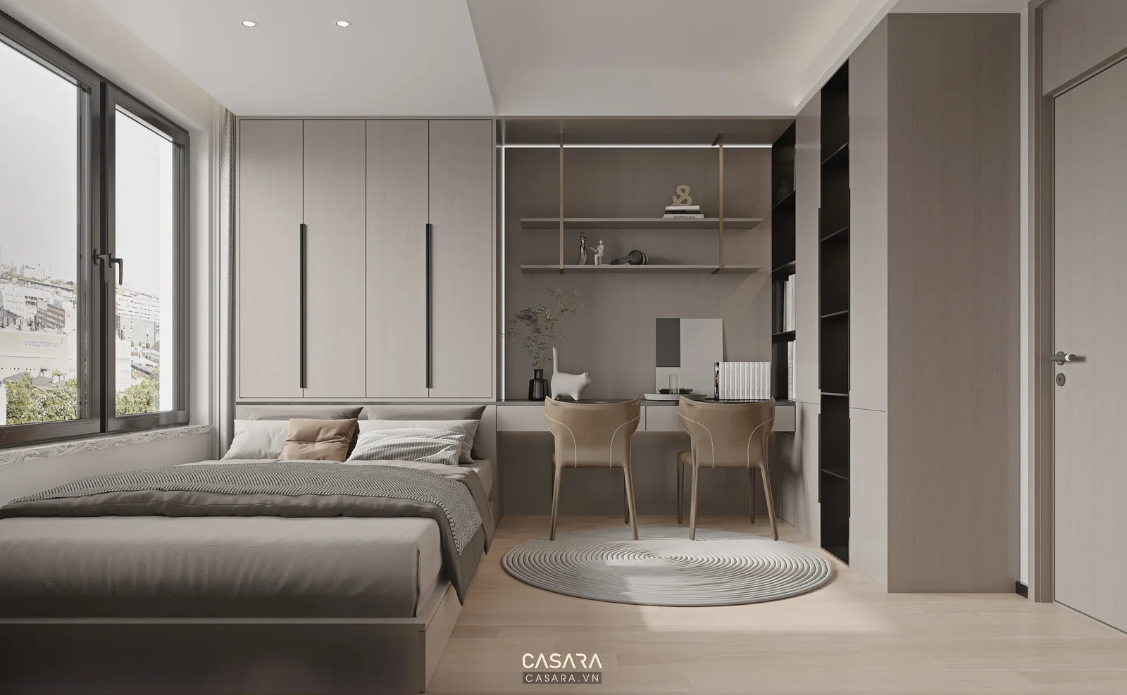 phòng ngủ cho 2 bé có bàn học đôi cạnh cửa sổ và kệ sách thấp