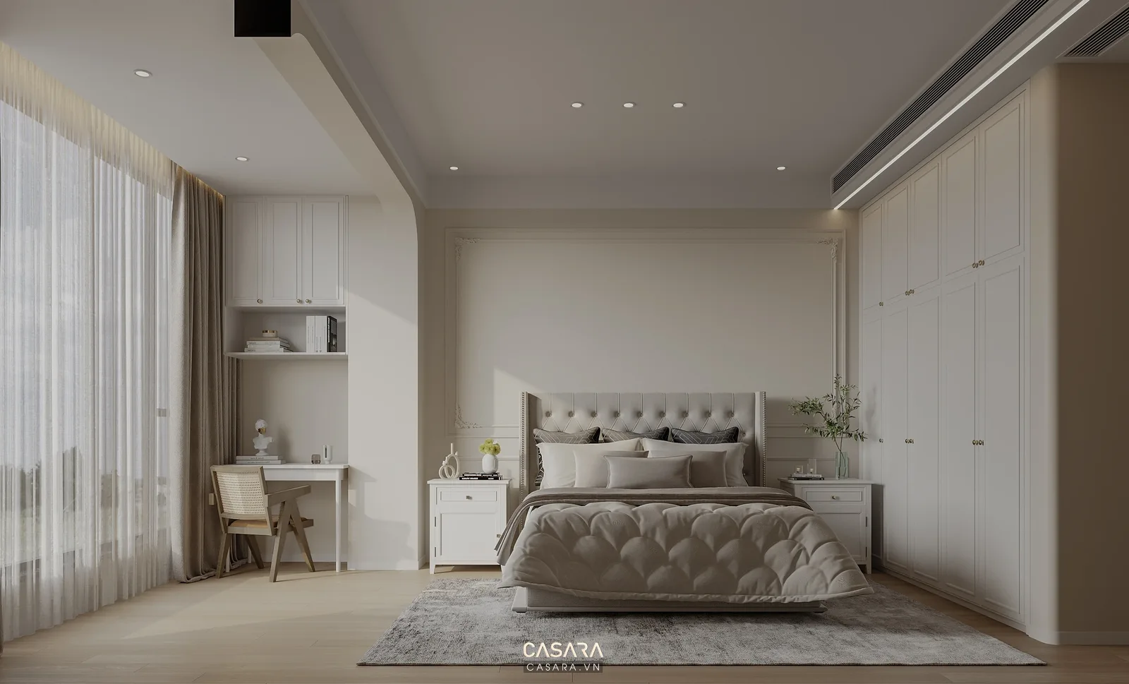Thi công nội thất phòng ngủ nhỏ với tủ áo âm tường giường ngăn kéo và bàn làm việc