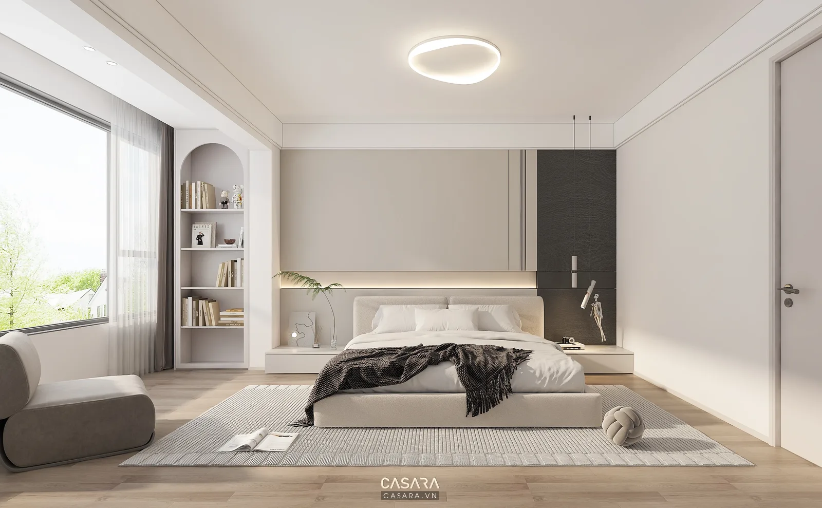 Phòng ngủ cho con gái với giường bàn học riêng và kệ sách thấp