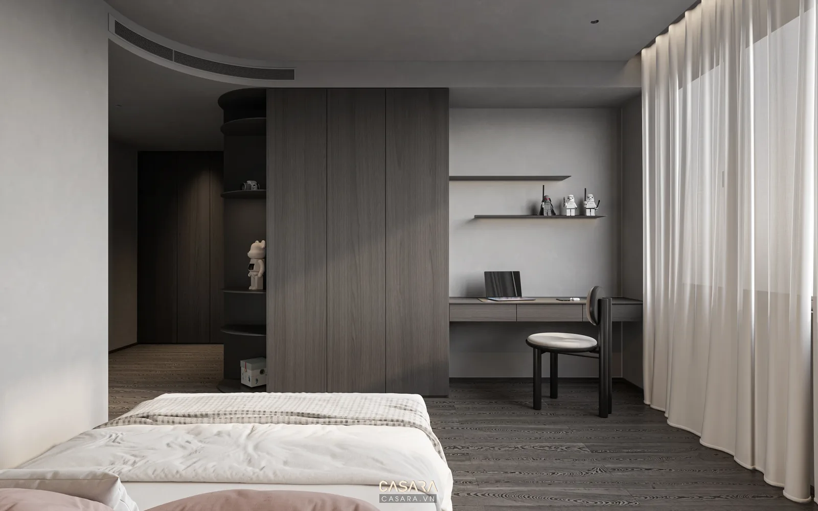 căn hộ studio với giường ngủ ngăn bằng rèm vải sáng màu tủ quần áo phẳng đèn đầu giường ấm và sàn gỗ