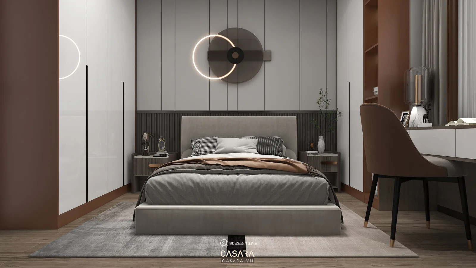 Phòng ngủ nhỏ trong căn hộ 70m2 2 phòng ngủ có bàn học và giường đơn