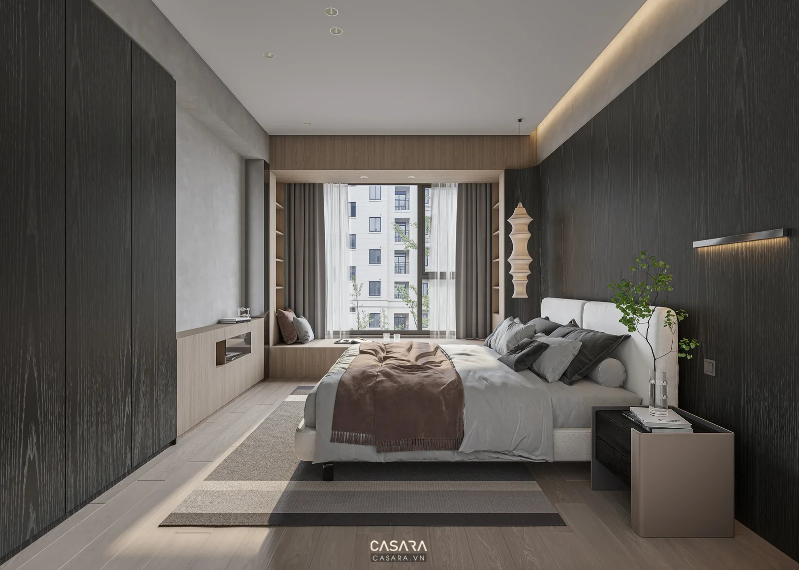 Bố cục phòng ngủ căn hộ có giường ngủ, cửa sổ và lối đi gọn gàng