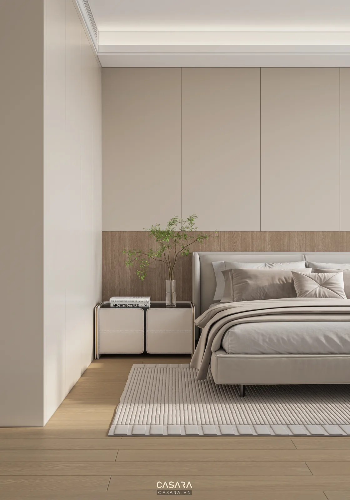 phòng ngủ căn hộ 45m2 với giường gọn tủ áo âm tường và ánh sáng ấm