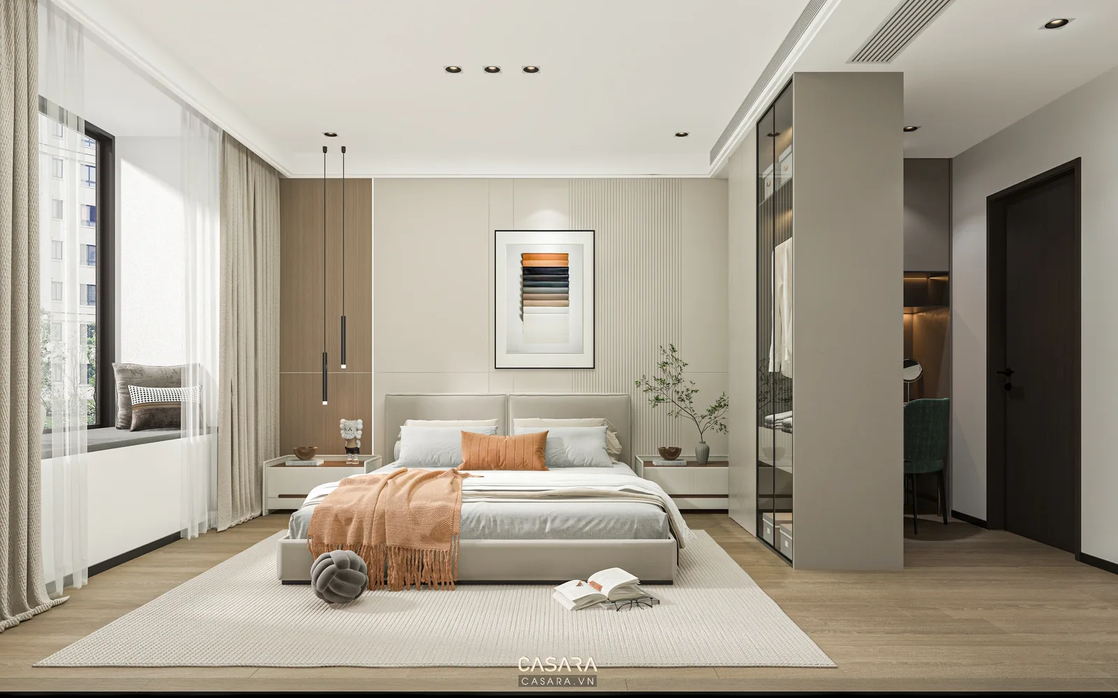 Phòng ngủ phong cách Scandinavian với giường gỗ sáng, tủ áo và rèm trắng