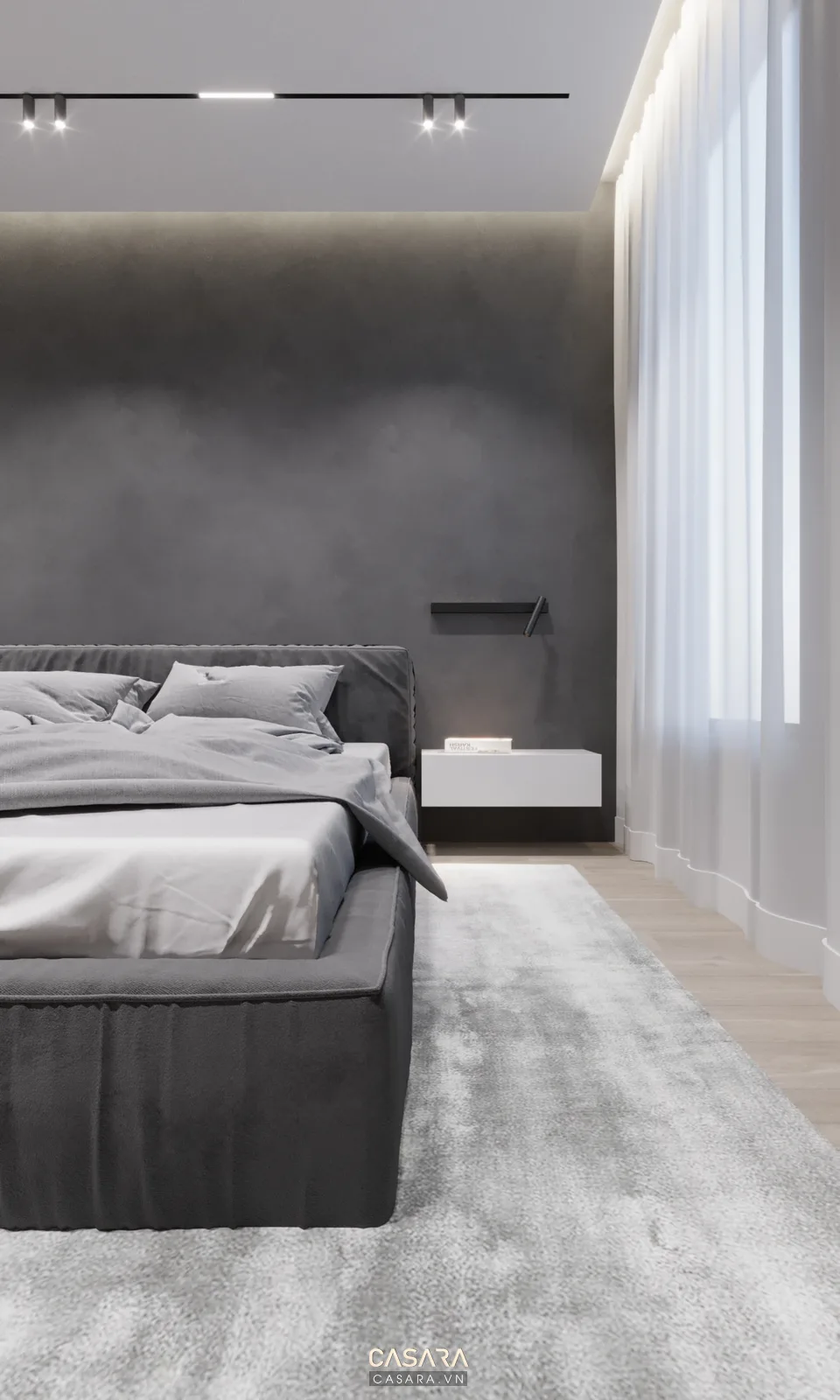 Phòng ngủ master thiết kế nhà phong cách luxury với ánh sáng hắt và rèm hai lớp