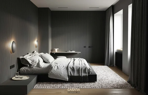 Phòng ngủ hiện đại với giường thấp, tường ốp lam tối màu và ánh sáng tự nhiên bên cửa sổ