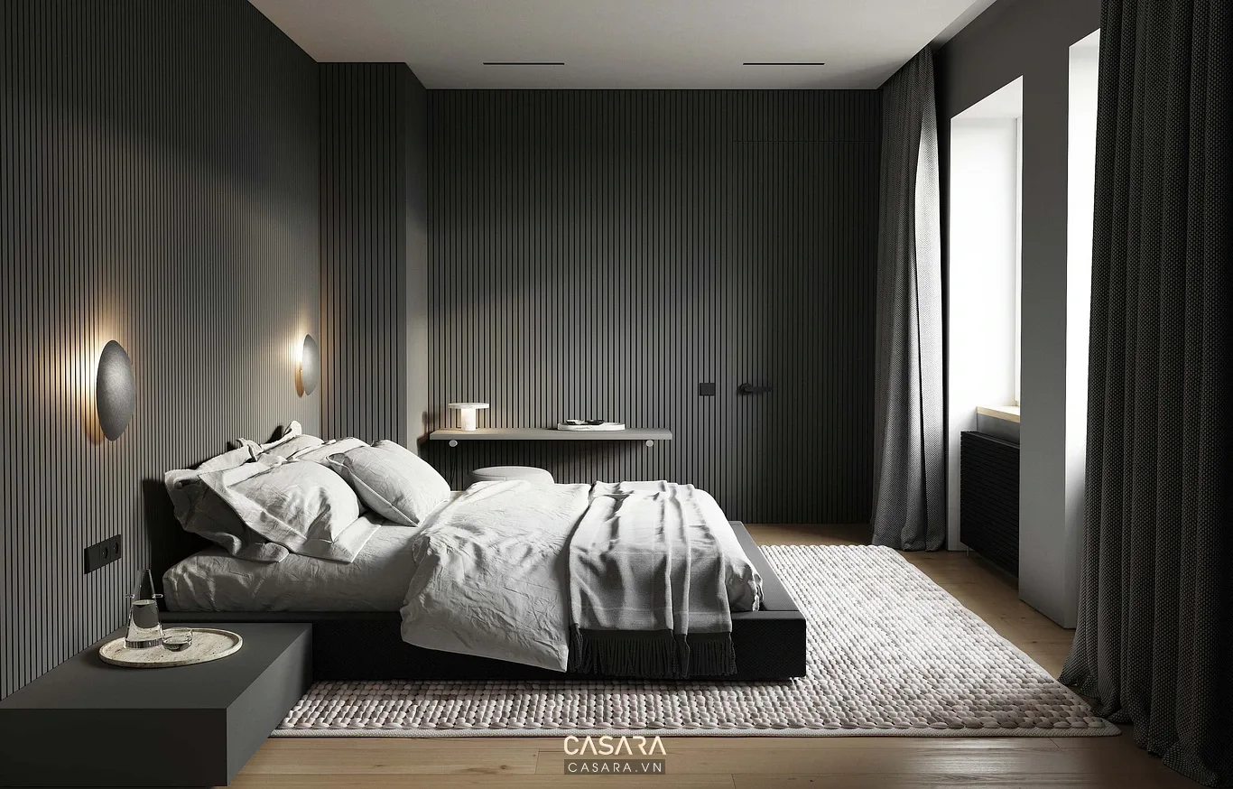 Phòng ngủ phong cách nội thất đương đại với giường bọc nệm và tủ áo phẳng