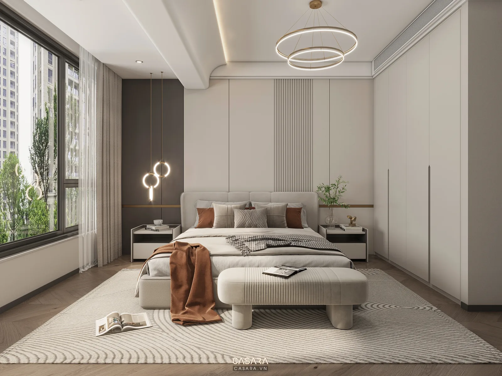 Phòng ngủ nhỏ có giường sát tường tủ áo kịch trần và bàn làm việc gọn