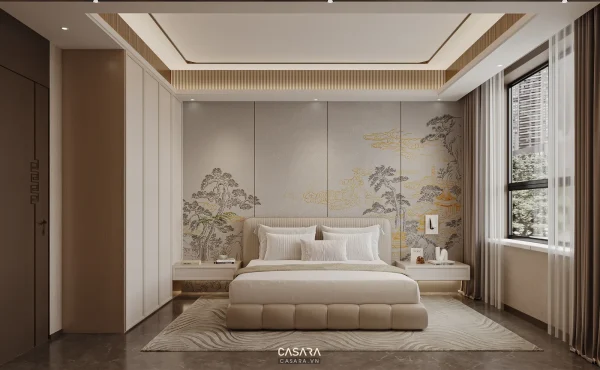 Phòng ngủ hiện đại với giường bọc nệm, tủ áo âm tường và mảng tường trang trí sau đầu giường