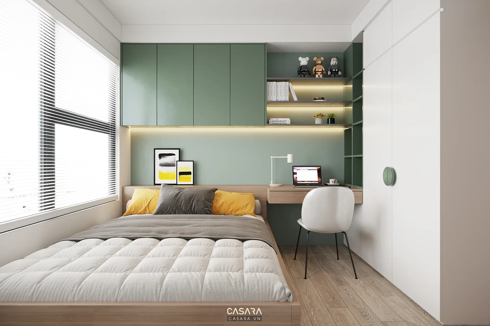 Góc làm việc nhỏ trong căn hộ 40m2 một phòng ngủ cạnh cửa sổ